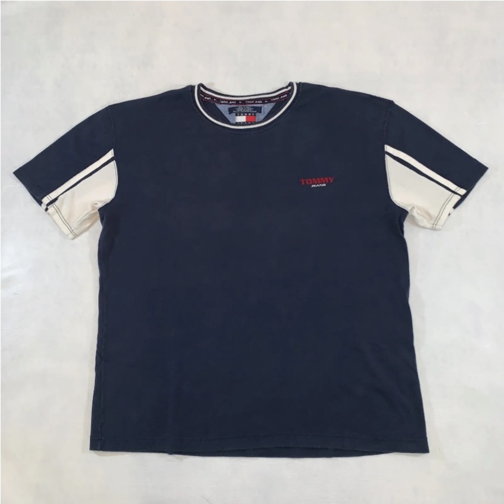 Vintage Tommy Hilfiger Jeans T Shirt XL 90s Navy Blue Embroidered Spell Out